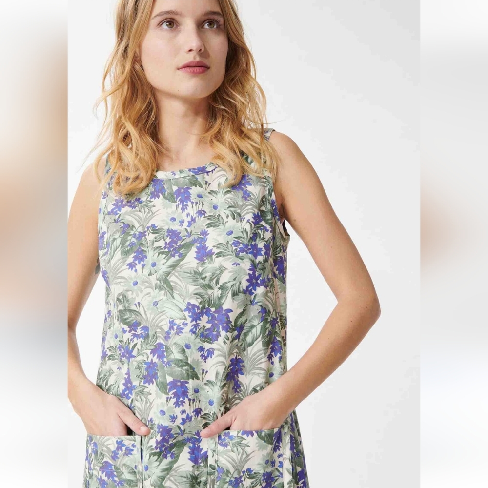 Tara Jarmon Off-white Blue Dress with Pampas And Flowers Print In Linen - Picture 5 of 9